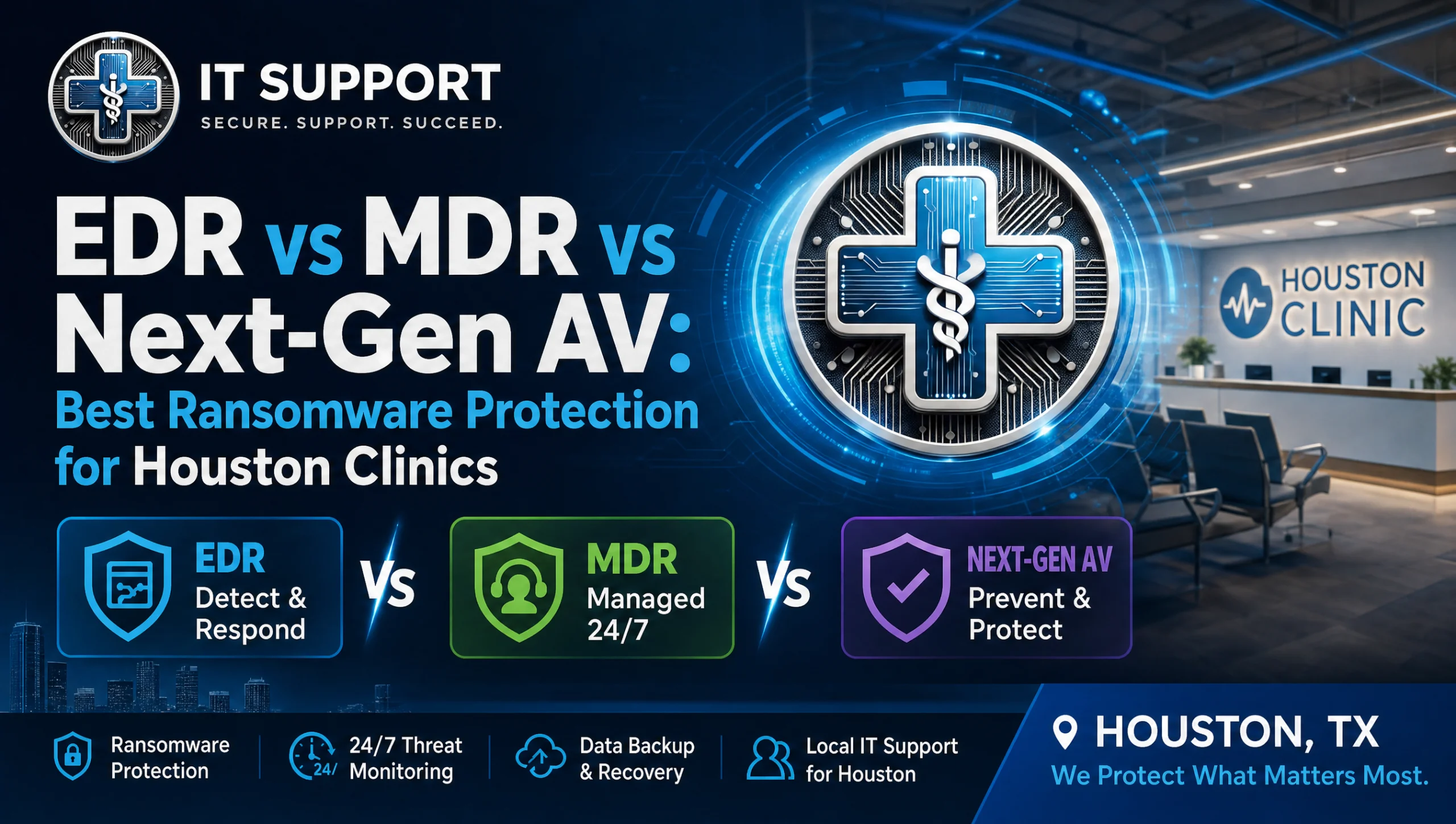 IT specialist comparing EDR, MDR, and next‑gen AV dashboards to strengthen ransomware protection for healthcare at a Houston clinic