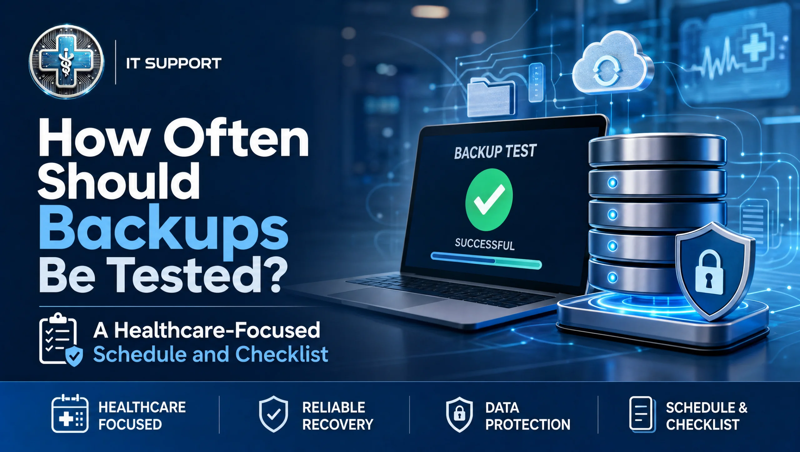 IT manager in a Houston clinic reviewing a healthcare backup testing schedule on a calendar, confirming off-site backups and a recent data restore