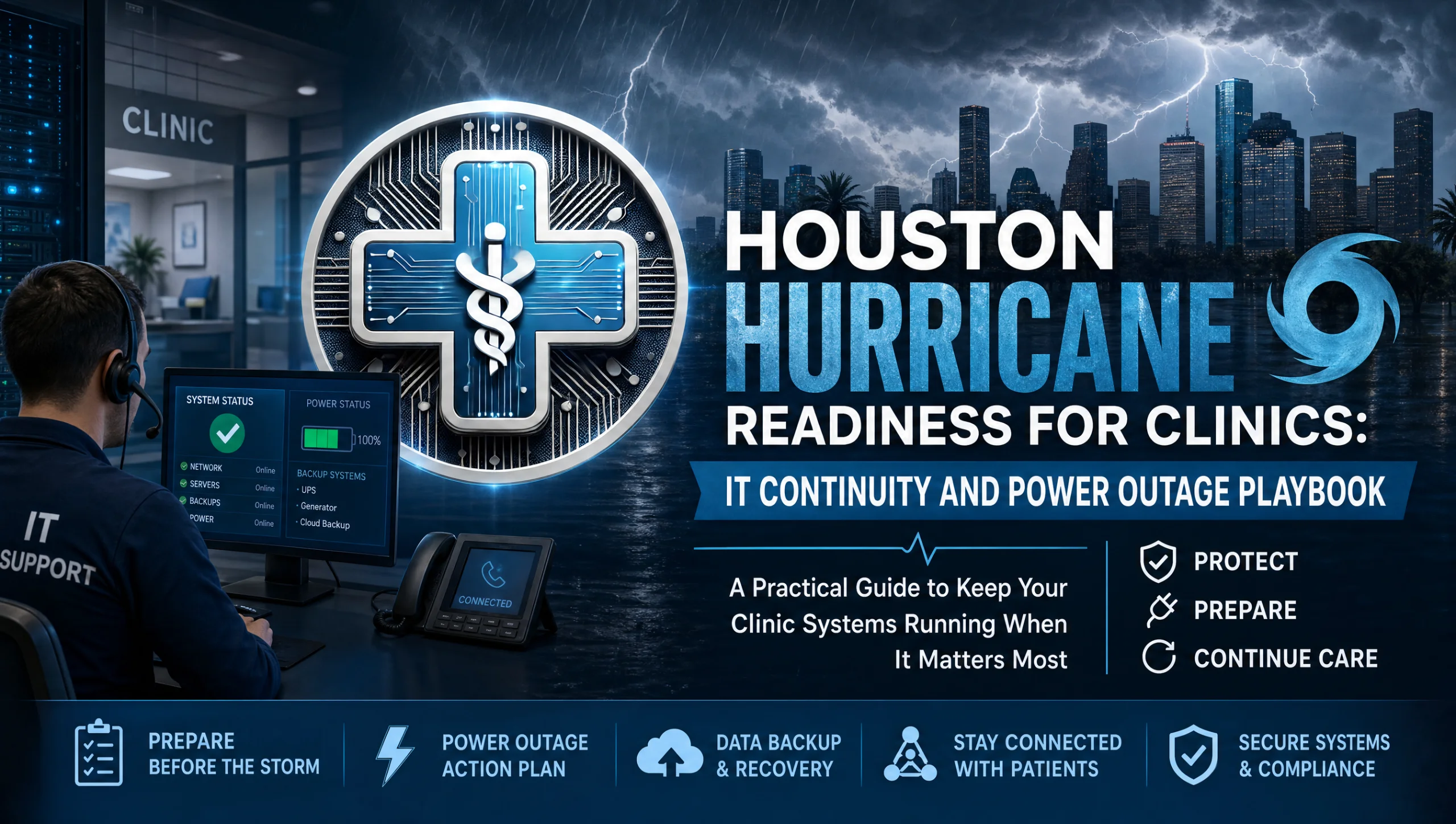 Houston clinic preparing for hurricane season with healthcare IT hurricane preparedness Houston—backup generator planning, internet failover, and off-site backups to keep care moving.