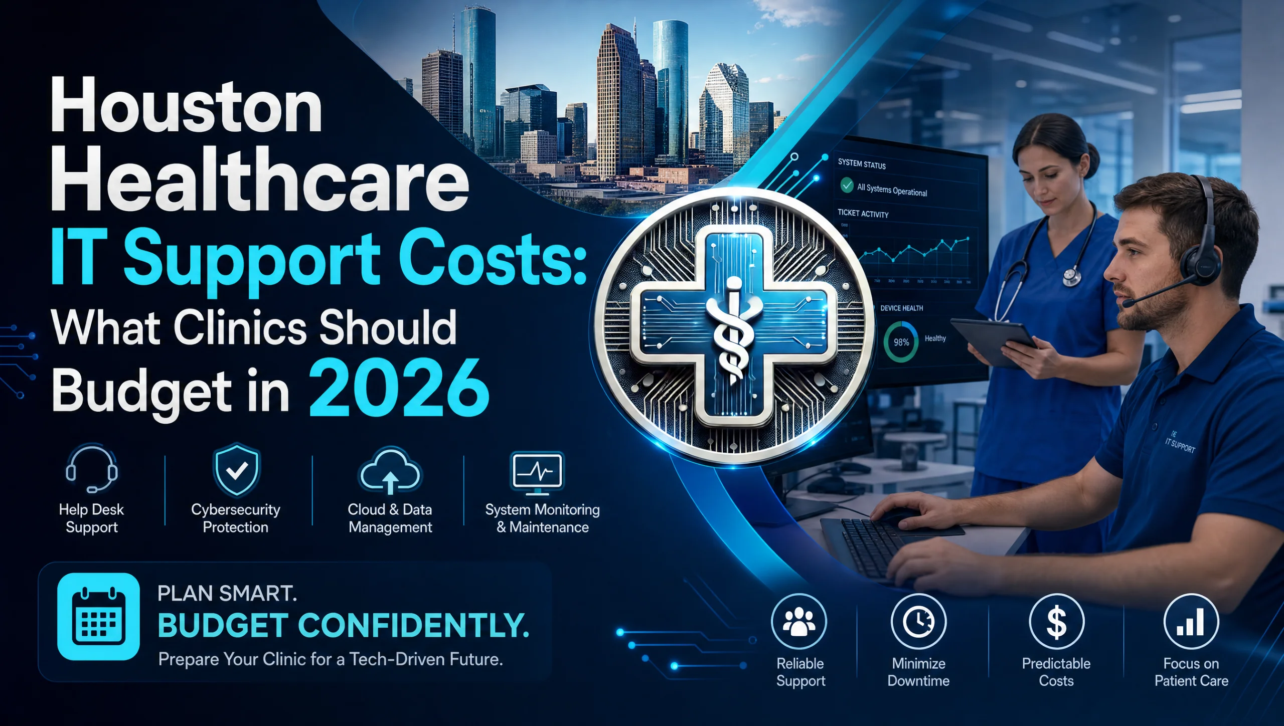 Clinic administrator in Houston reviewing a 2026 medical practice IT budget with an advisor, discussing healthcare IT support cost Houston and HIPAA-compliant managed services