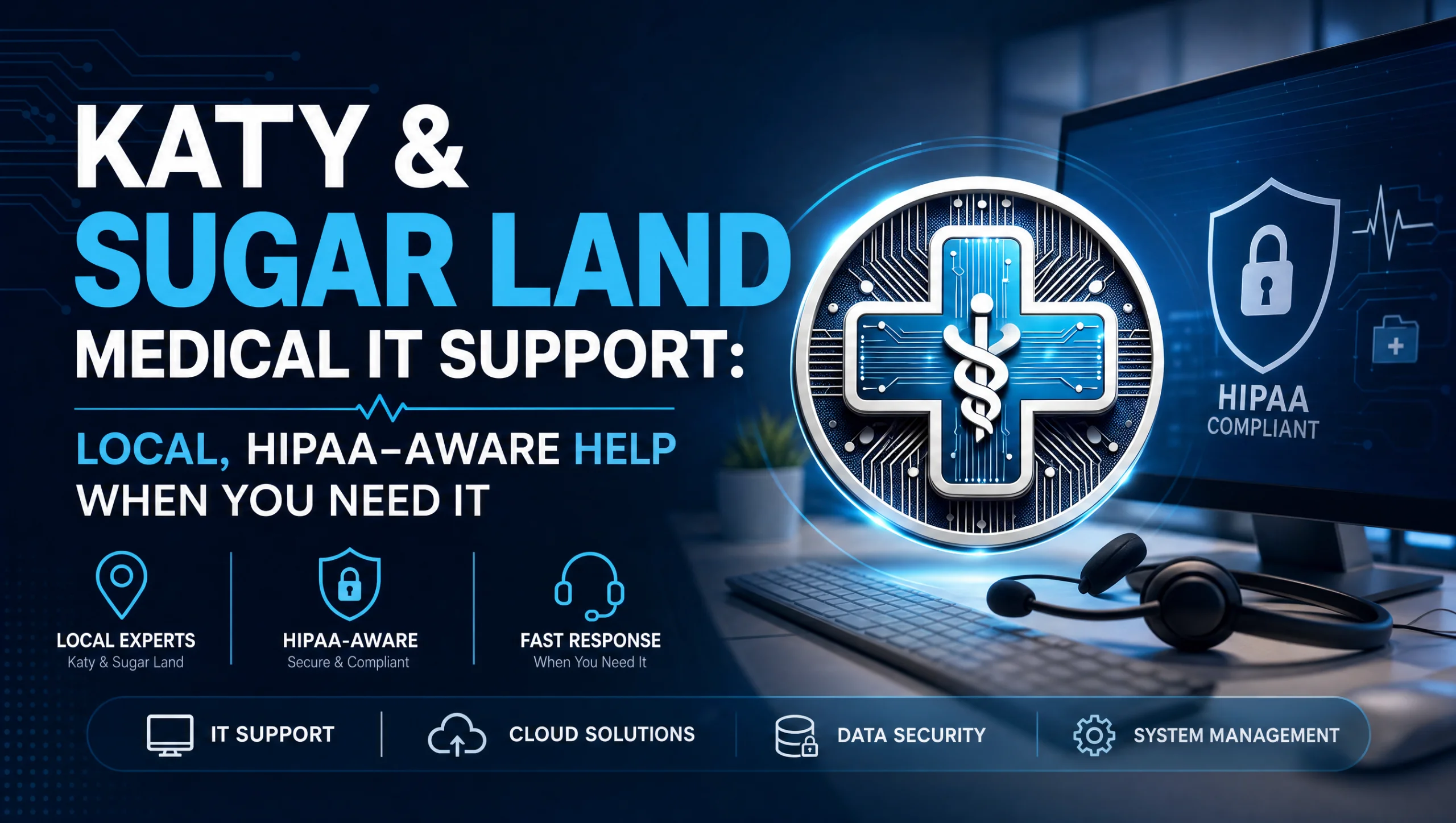 Katy & Sugar Land Medical IT Support — HIPAA-Aware Help from IT Support Healthcare Technician providing medical IT support Katy and Sugar Land clinics, configuring secure, HIPAA-aware systems at a local practice