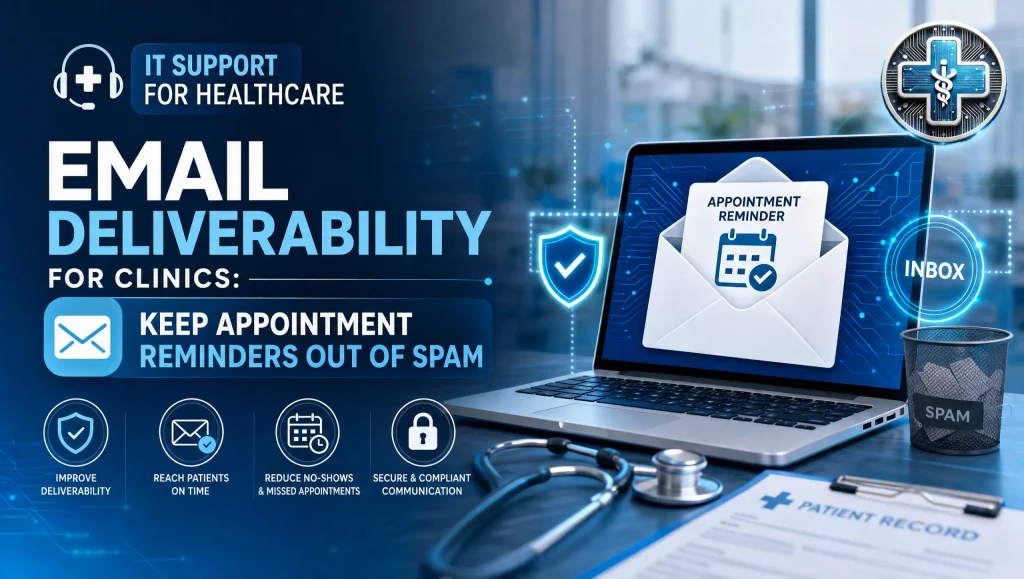 Clinic staff reviews an email dashboard to verify healthcare email deliverability for appointment reminders in Houston