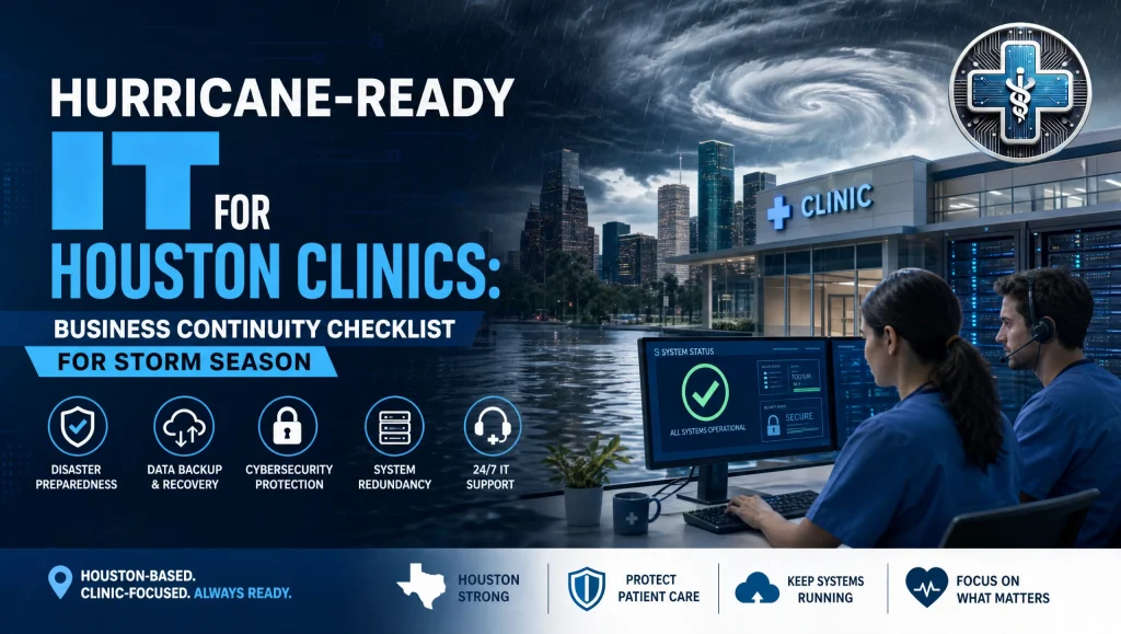Houston clinic team reviewing a healthcare IT hurricane preparedness Houston checklist with backup power and internet failover plans