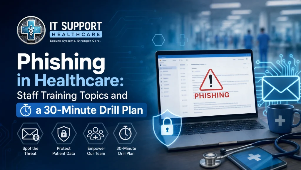 Nurse and clinic staff in Houston completing healthcare phishing training during a 30-minute drill, reviewing a suspicious email on a tablet