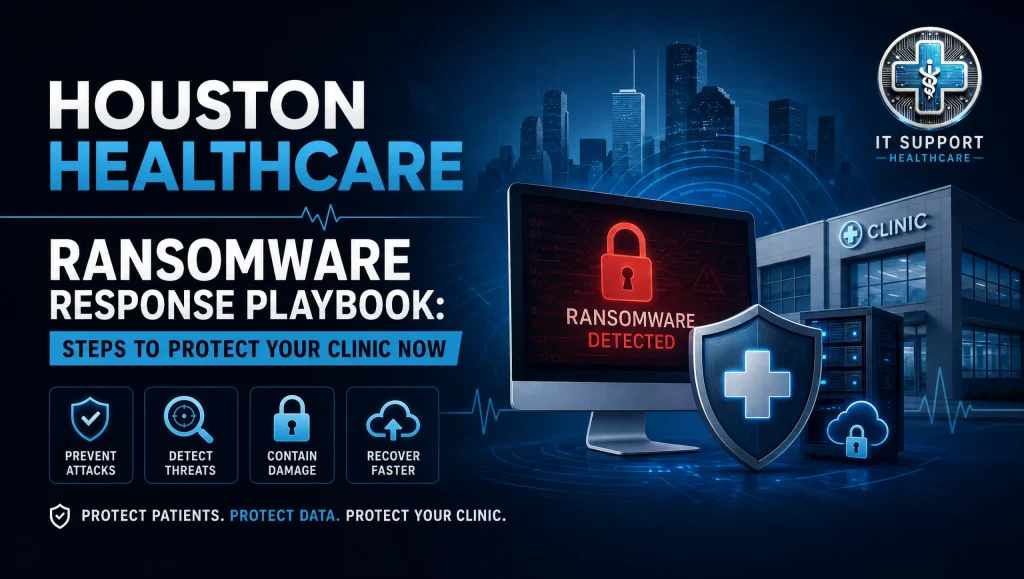 IT team setting up healthcare ransomware protection Houston with 24/7 monitoring, encryption, and verified off‑site backups for a local clinic