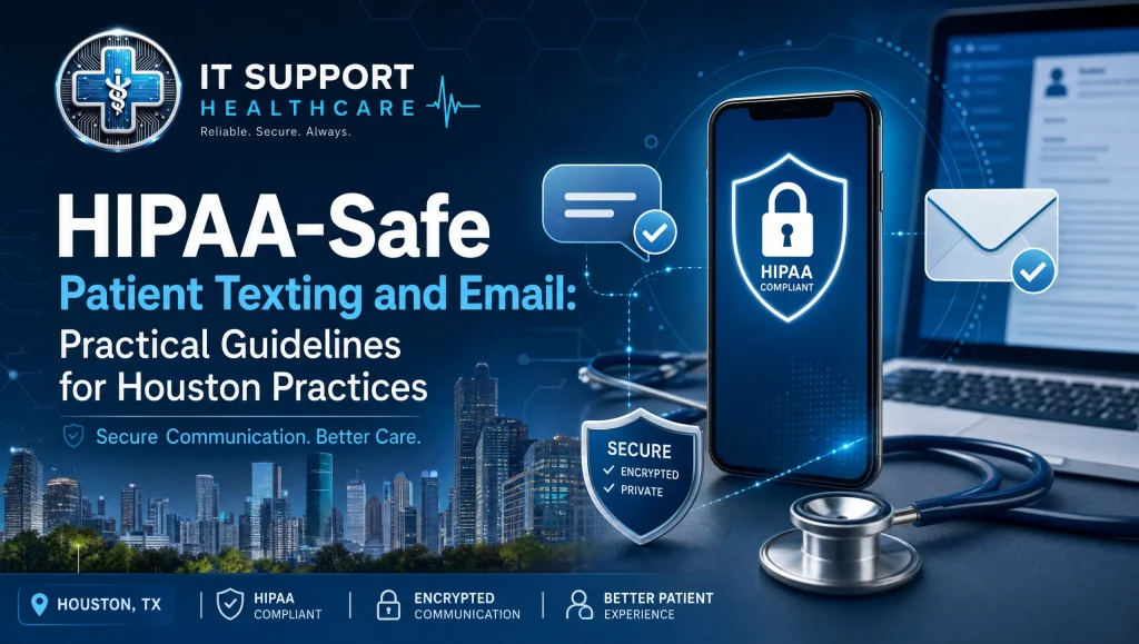 Front-desk staff in a Houston clinic using HIPAA compliant patient texting and secure email to confirm appointments without exposing PHI