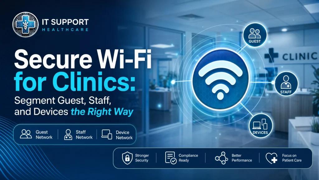 Clinician using a tablet in a Houston practice with Wi‑Fi separated into guest, staff, and device networks—secure Wi‑Fi for medical office done right.