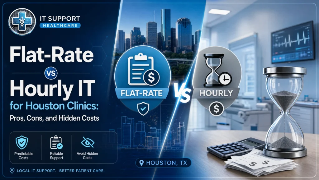 Managed IT vs hourly Houston healthcare comparison showing flat-rate support versus break-fix for clinics in Houston