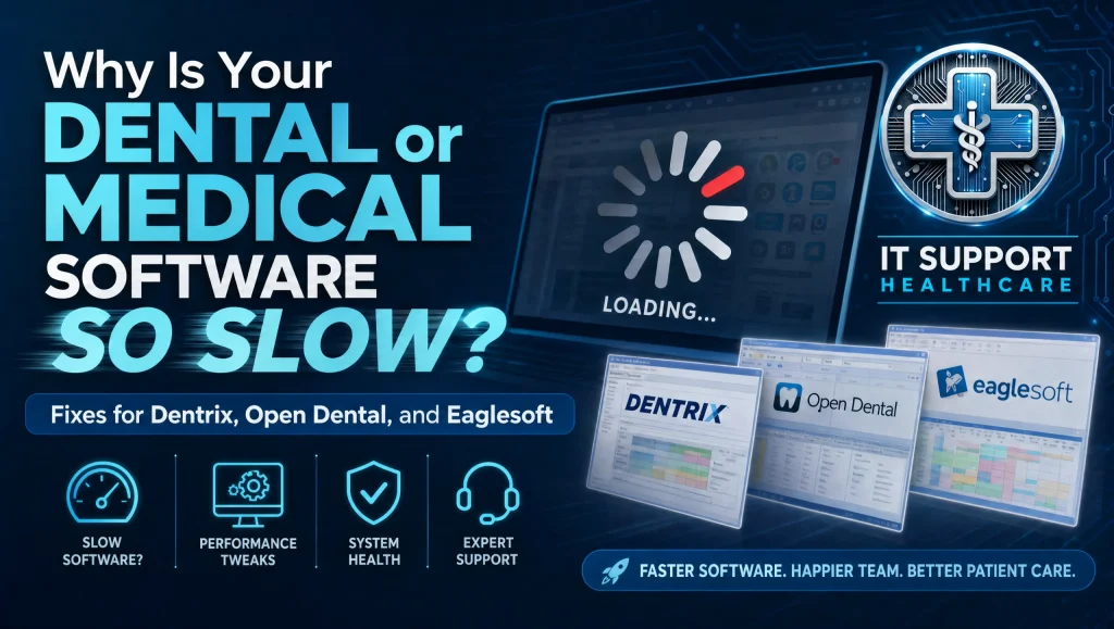Front desk team in a Houston clinic troubleshooting slow Dentrix Open Dental Eaglesoft performance with a healthcare IT specialist