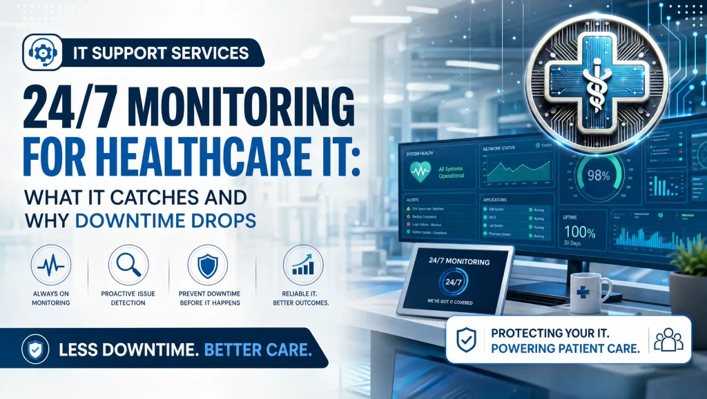 Engineer reviewing 24/7 IT monitoring healthcare dashboard to catch outages, endpoint threats, and patch issues for a Houston clinic