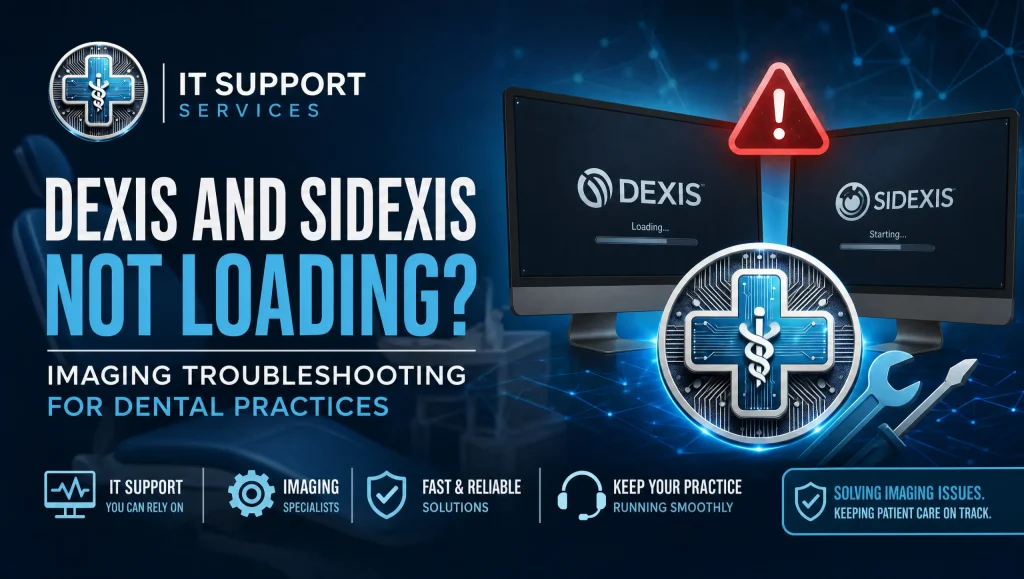 Dental assistant in a Houston practice reviewing Dexis and Sidexis settings—Dexis Sidexis troubleshooting to get images loading again
