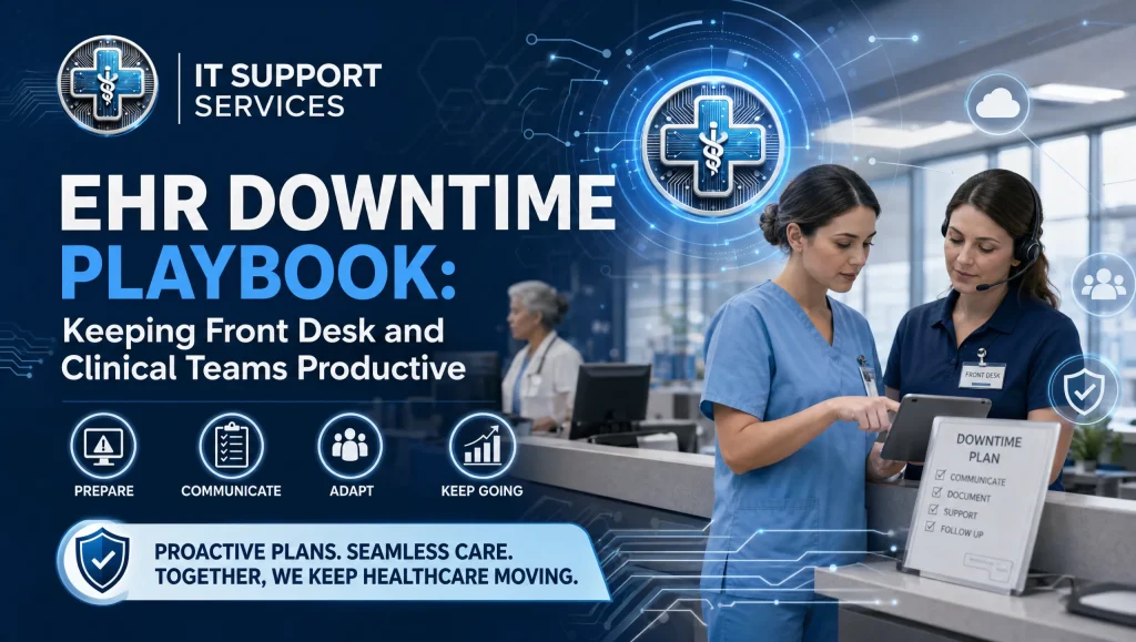 Front desk and clinical staff in a Houston clinic following EHR downtime procedures healthcare, using downtime forms with read-only chart access and a paper fallback workflow to keep patients moving