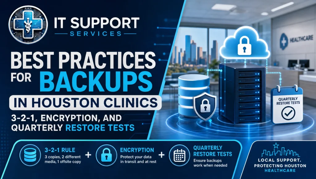 Healthcare data backup best practices in a Houston clinic: 3-2-1 copies, encrypted off-site backups, and quarterly restore testing
