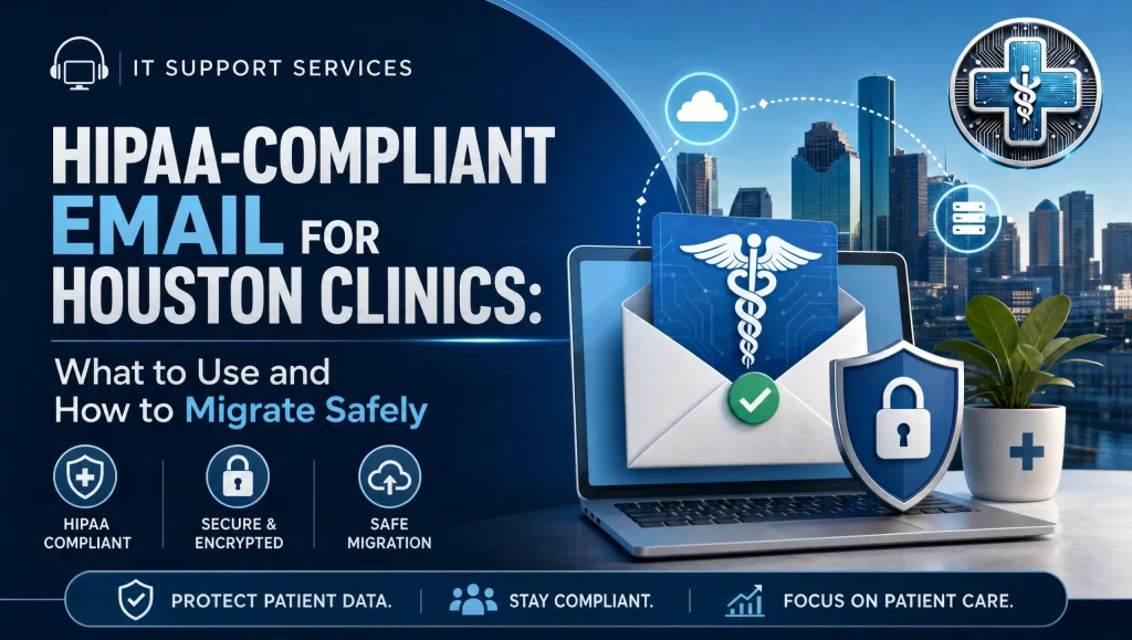 A Houston clinic manager reviews a secure inbox with a lock icon on a laptop, illustrating HIPAA-compliant email for healthcare and safe migration steps.