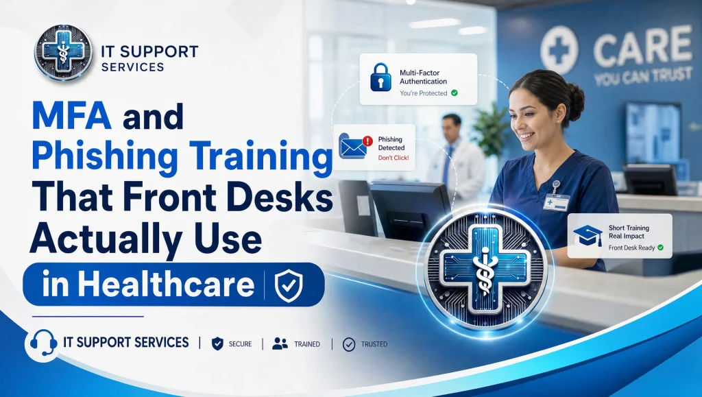 Front desk staff at a Houston clinic completing MFA setup and phishing training—practical MFA phishing training healthcare focused on credential protection and HIPAA-friendly workflows.