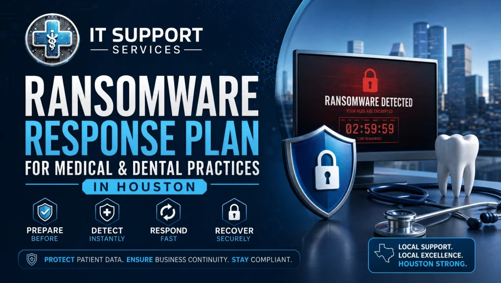 IT staff in a Houston dental clinic reviewing a ransomware response for healthcare playbook on a laptop, with an encryption alert on screen while clinicians keep patient care moving