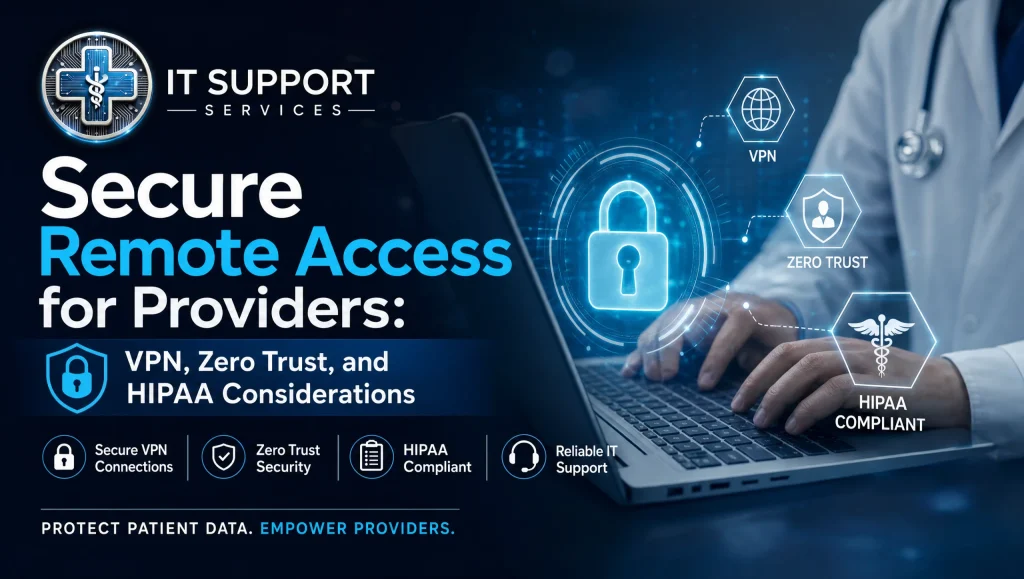 Clinician in Houston securely accessing EHR after hours with VPN and zero trust safeguards — secure remote access healthcare using MFA and device encryption