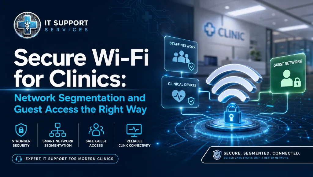 Secure Wi‑Fi healthcare network segmentation in a Houston clinic, showing VLANs for PHI isolation and a separate guest Wi‑Fi