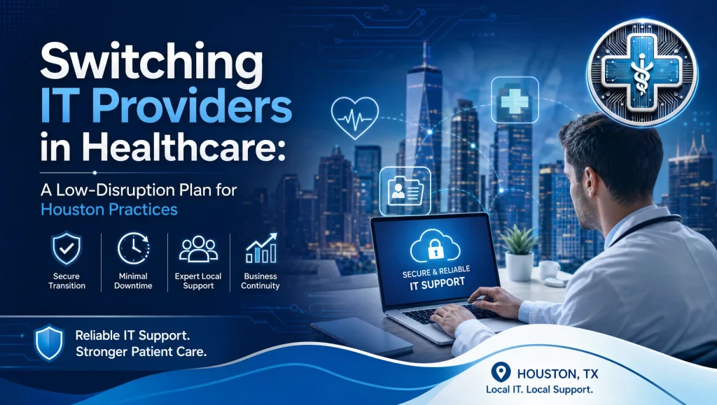 Switch Healthcare IT Provider Houston: Low‑Disruption Plan for Clinics | IT Support Healthcare Plan to switch healthcare IT provider Houston clinics trust—after-hours cutover, clean data handoff, and credential cleanup for minimal downtime